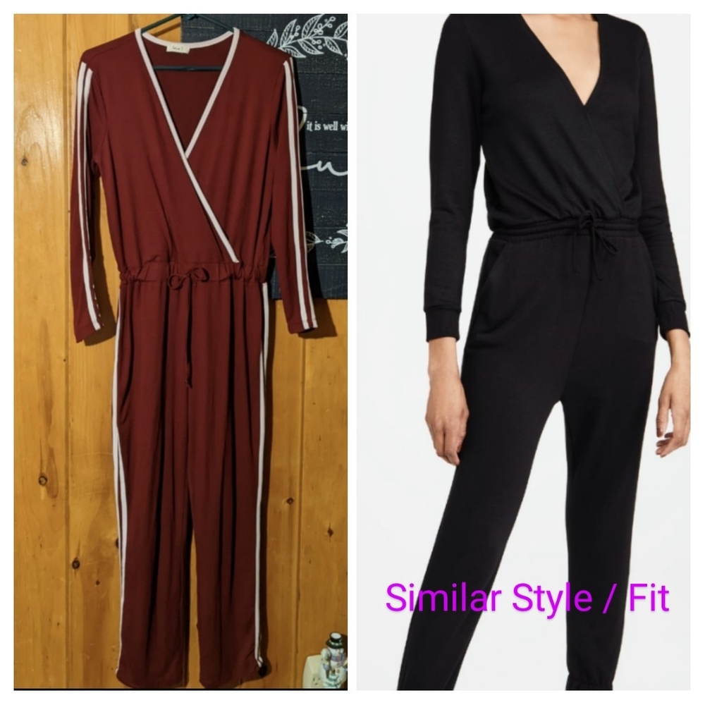 Love J One-Piece Red Maroon Lounge Jumpsuit Med Stretch Long Sleeve Athletic